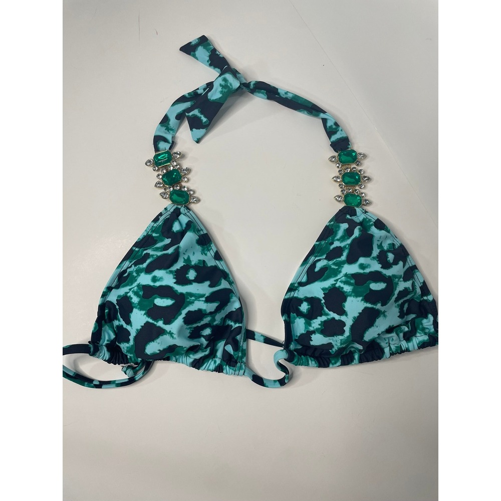 Unbranded Bikini Top Women XL Teal Leopard Excellent Rhinestone Halter Triangle